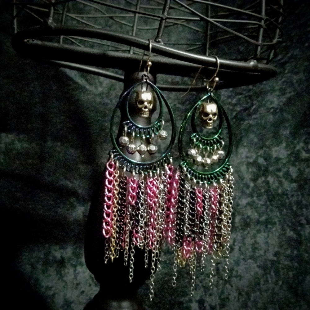 SOLD Sterling Silver Plt Skull Chandelier Earrings - Picture 7 of 9